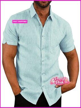 Men's Short Sleeve Button Down Linen Cotton Shirt Casual Spread Collar